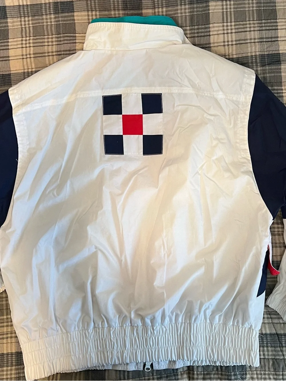 London Fog White Windbreaker with Teal Diamond and Navy Label
